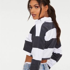 Pretty Little Thing PLT Black Stripe Collar Polo Long Sleeve Crop Top